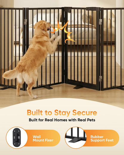 Full Metal Free Standing Dog Gate with Door for Indoor & Outdoor,80'' Extra Wide 32'' Tall Dog Gate for The Doorways,Large Openings,Decks,Porch,Pet Freestanding Safety Fence(4 Panels,Black)