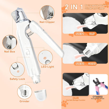 2-in-1 Dog Nail Grinder & Cat Nail Clippers Trimmers for Large Medium Small Dogs Cats Claw Trimmer Quick Sensor with 2 LED Lights Safety Guard USB Rechargeable Dogs Nail Trimmer (White)