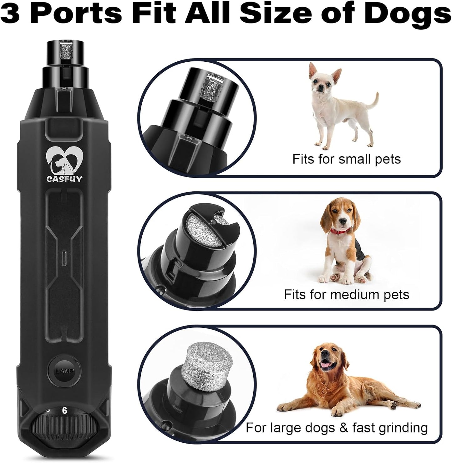 Casfuy 6-Speed Dog Nail Grinder - Newest Enhanced Pet Nail Grinder Super Quiet Rechargeable Electric Dog Nail Trimmer Painless Paws Grooming & Smoothing Tool for Large Medium Small Dogs (Blue)