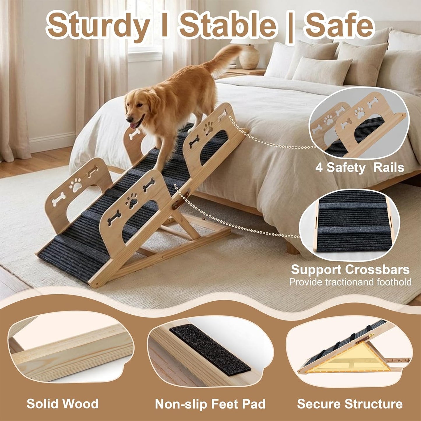 Dog Ramp for Bed, 43.5" Long Wooden Foldable Dog Ramp, 6 Adjustable Heights from 14" to 26" with Anti-Slip Traction Mat, Portable Pet Ramp for Car, Bed, Couch, Max 200lbs - 43.5inch