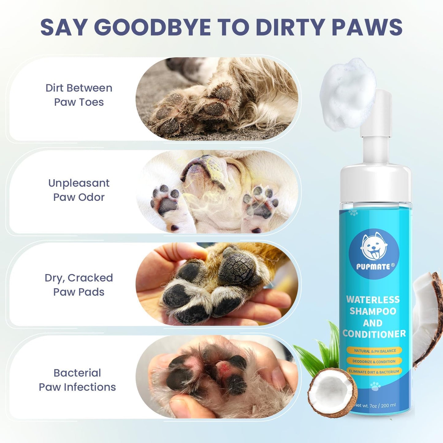 Paw Cleaner for Dogs & Cats,No-Rinse Foaming Dog Paw Cleaner Washer Cleanser,Hypoallergenic & pH-Balanced, 7 fl oz, with Scrubber Brush,Safe for Small, Medium & Large Pet, Puppy Clean Paws