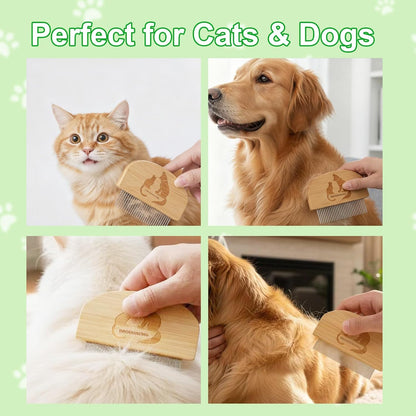 Pet Grooming Combs for Dogs Cats, 2 Pack Bamboo Combs with Wide Fine Teeth for Shedding, Detangling, Flea Removal and Daily Care