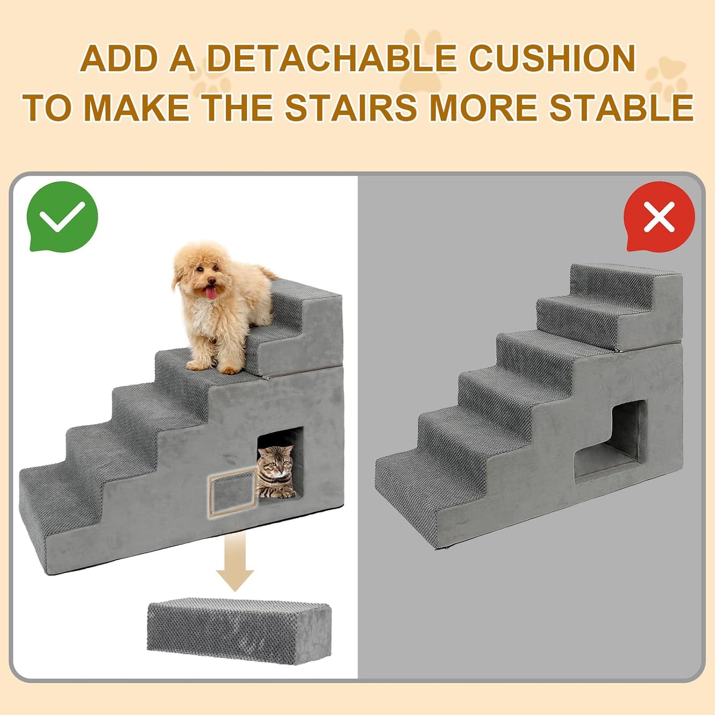Dog Stairs for Small Dogs, 6-Step Dog Steps for High Bed, High-Density Foam Pet Stairs with Non-Slip Removable Washable Cover to Get on Bed