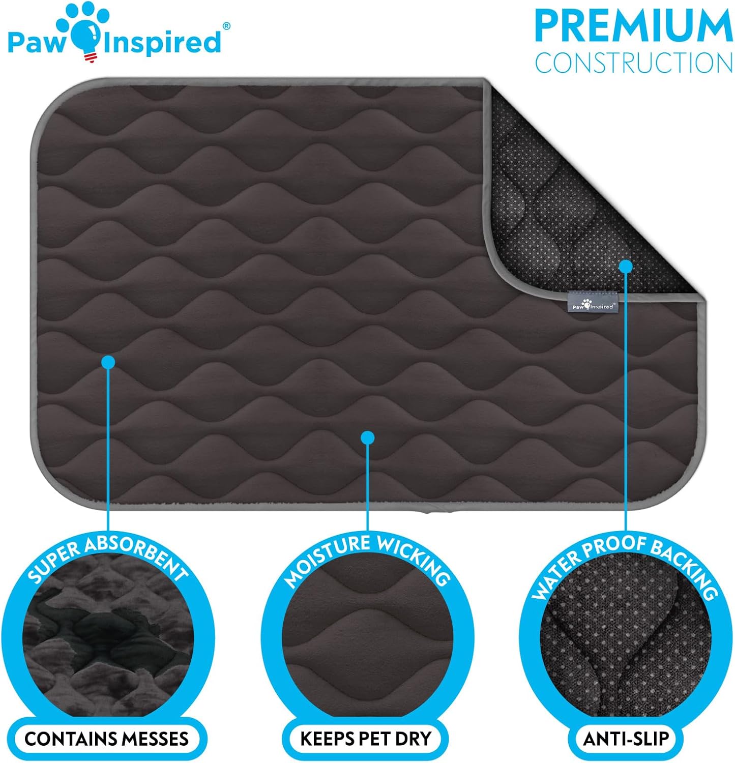Paw Inspired Washable Padded Crate Mats for Dogs | 29” x 18” Pad, Fits 30-inch Kennels | Leakproof, Waterproof Bottom, Plush Pet Beds (Gray)