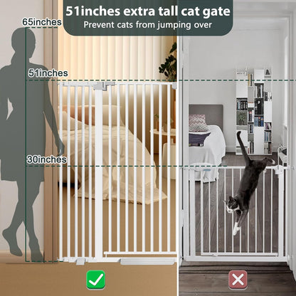 51'' Extra Tall Cat Gate for Doorways 30-40.9'' Wide, Climb Proof Pet Dog Gates for Kitten Dogs, Pressure Mounted No Drilling Cats Fence Barrier White