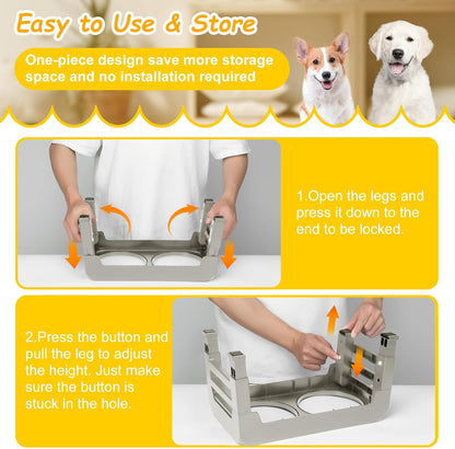 Elevated Raised Dog Bowl Stand with 2 Stainless Steel Bowls, Adjustable Height for Medium Large Dogs, 12.36" - 3.7" Foldable Feeder, Grey