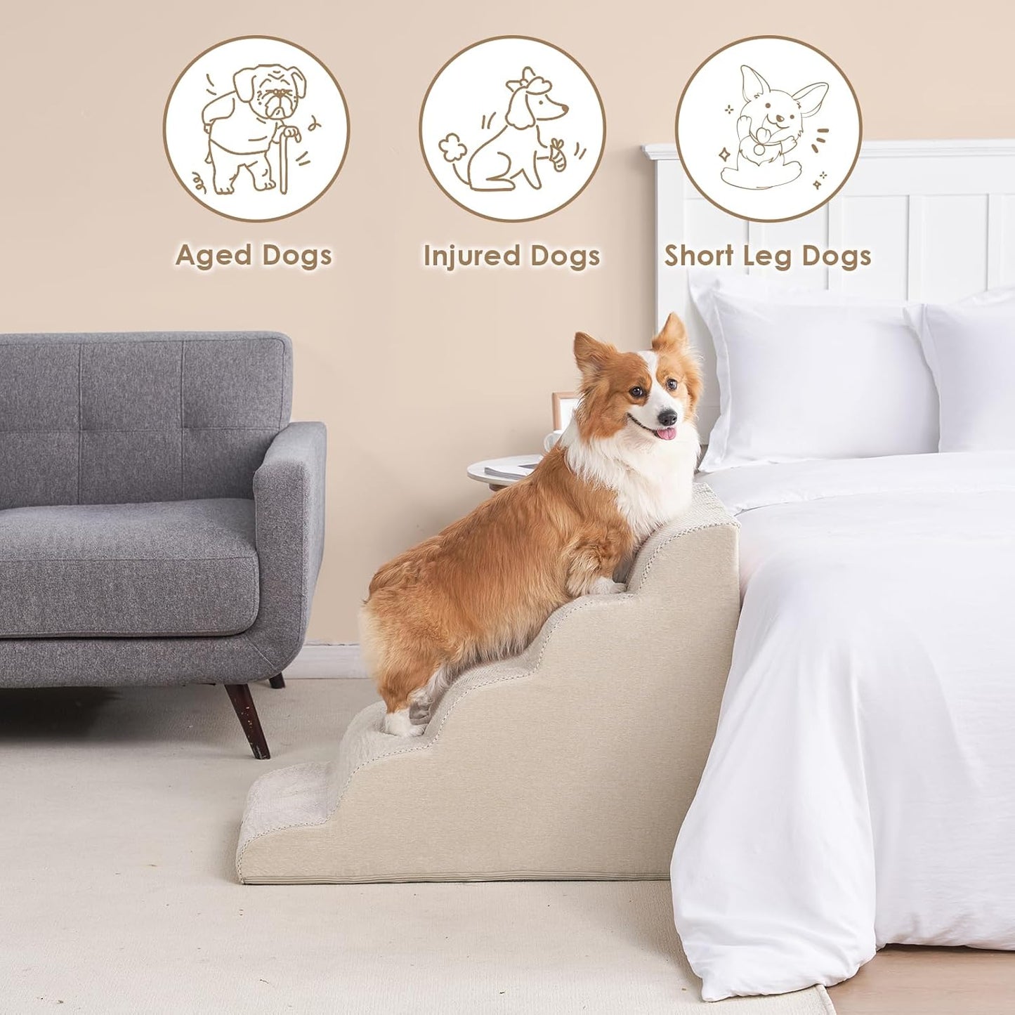 EHEYCIGA Curved Dog Stairs Ramp for High Beds 19.7" H, 4-Step Dog Steps for Small Dogs and Cats, Pet Stairs for High Bed Climbing, Non-Slip Balanced Pet Step Indoor, Grey