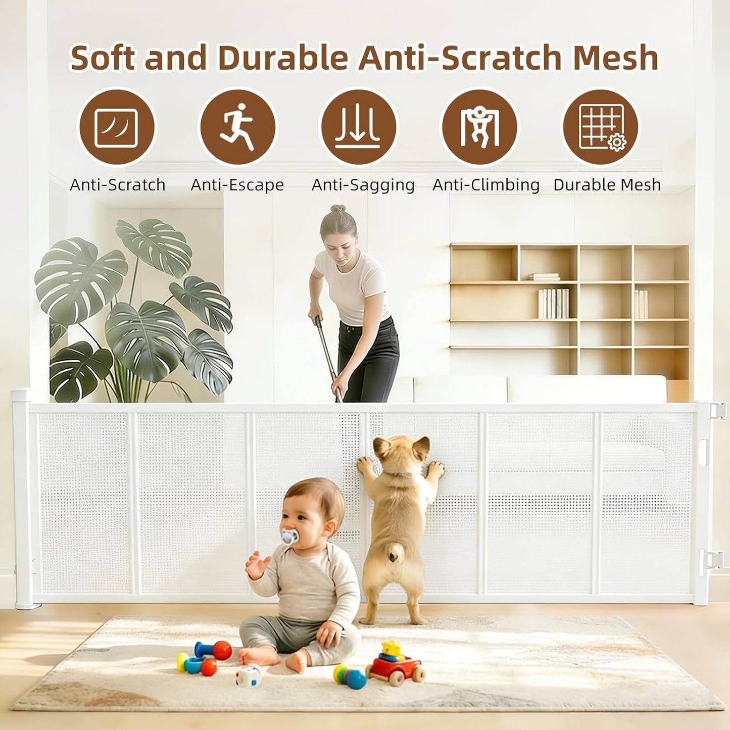 Retractable Baby Gate, 55 in Wide x 33 in Tall Mesh Dog Gate, Hardware Mounted Safety Gate with Double Lock for Doorways, Hallways, Indoor Outdoor, White