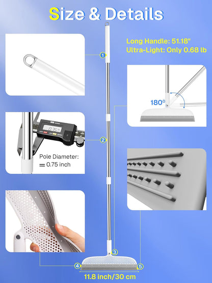 Silicone Floor Squeegee, 180° Rotating Air Broom, Squeegee for Floor with a Long Handle, Magic Broom for Water and Pet Hair Removal on Bathroom Floors, Tile, Deck and Glass, Indoor Cleaning Tool