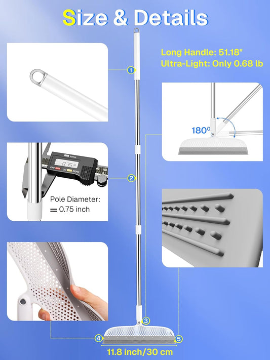 Silicone Floor Squeegee, 180° Rotating Air Broom, Squeegee for Floor with a Long Handle, Magic Broom for Water and Pet Hair Removal on Bathroom Floors, Tile, Deck and Glass, Indoor Cleaning Tool