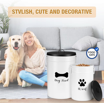 DoubleFill Extra Large 23+10 lbs Metal Dog Food Storage Containers Set of 2 Airtight Dog Treat Snack Jars with Lids and Spoon Farm House Style Big Pet Cookie Jar for Kitchen Counter Gift