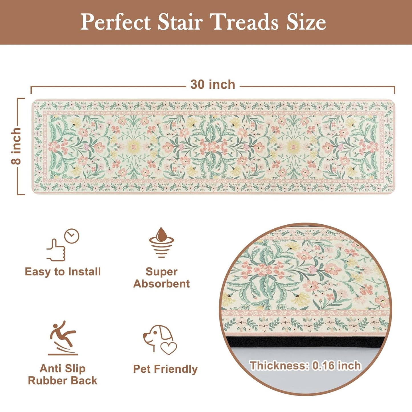 OJIA Floral Stair Treads Non-Slip Stair Runner for Wooden Steps Indoor 15PCS 30"x8" Carpet Stair Treads Stair Mats Staircase Step Treads for Kids, Elders and Dogs, Stair Covers, Black