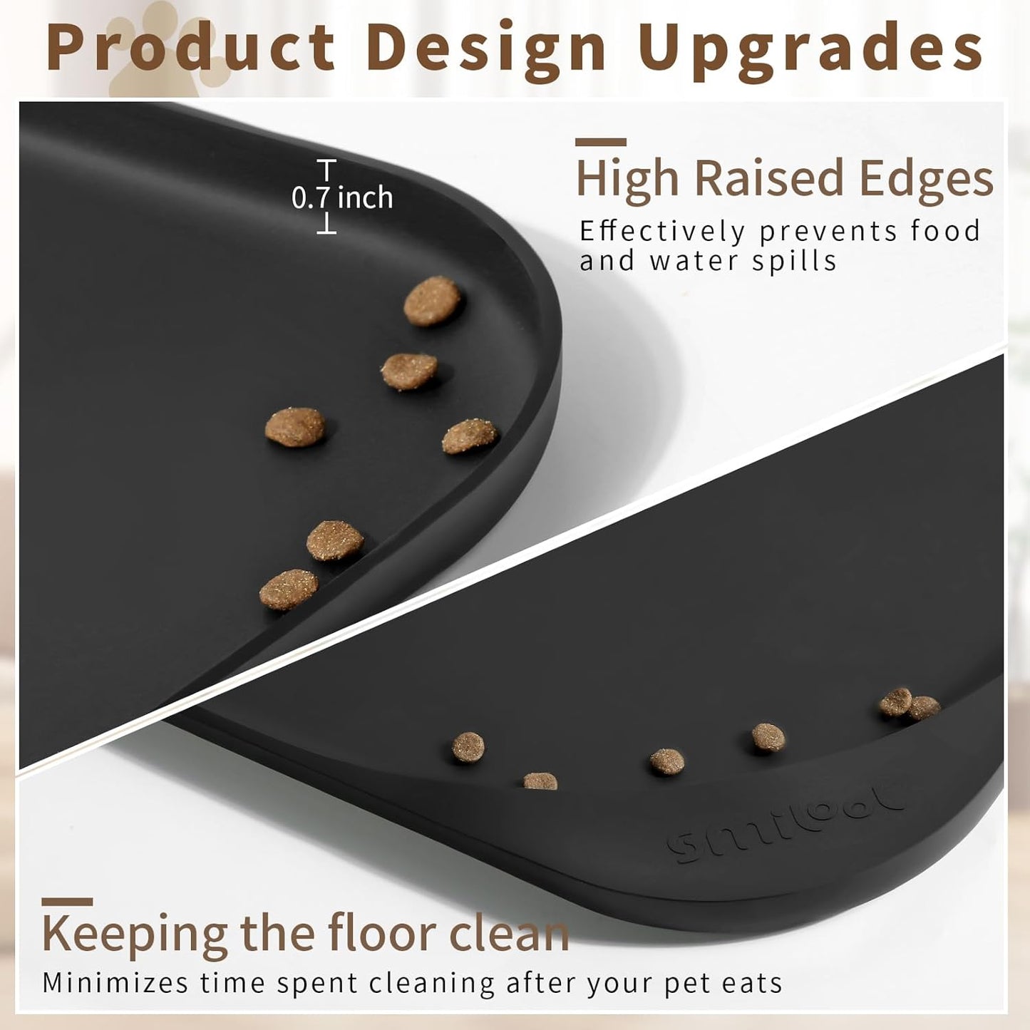 Smilool Silicone Pet Food Mat with Raised Edge for Food and Water Bowl, Dog Feeding Mats, Cat Food Trays for Floor Waterproof, Rubber Tray for Dogs and Cats, 19 x 12 x 0.7 Dark Brown