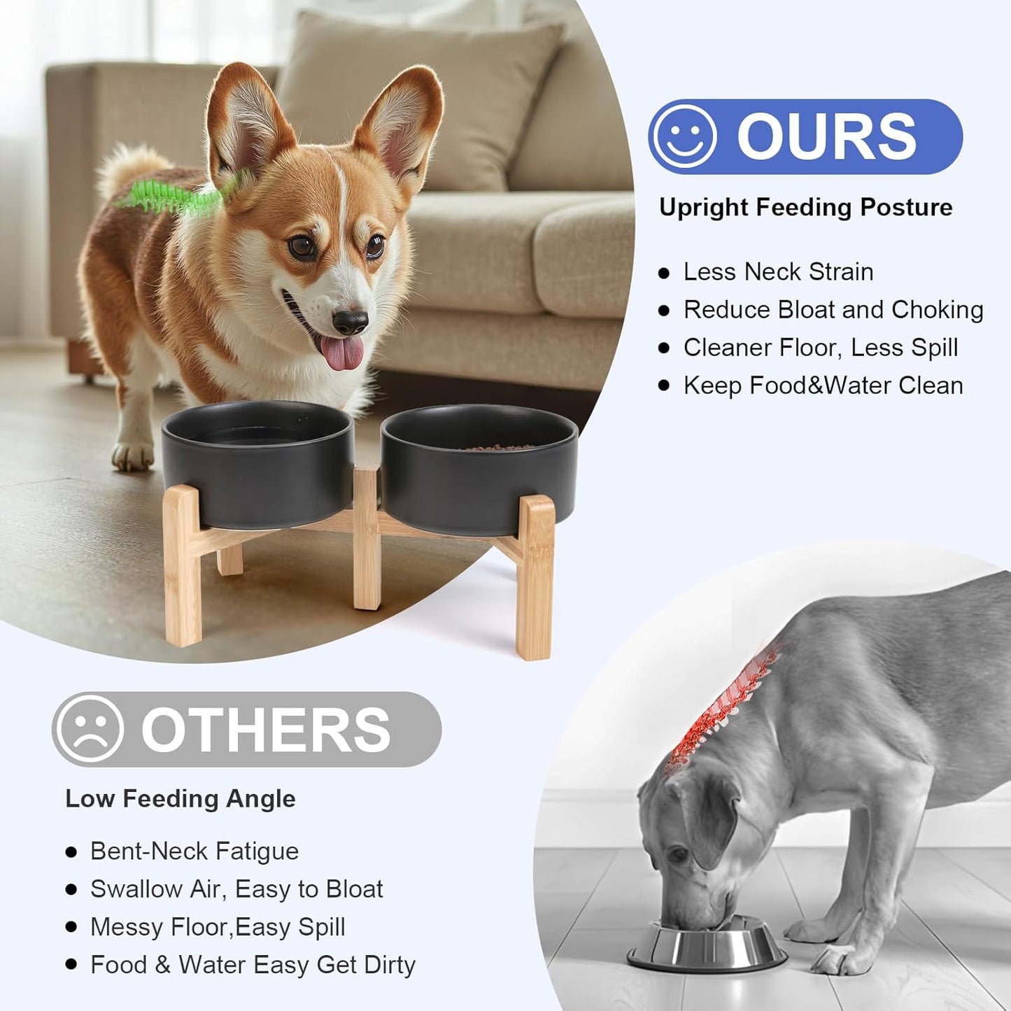 SPUNKYJUNKY Elevated Dog Bowls Ceramic, 6.1'' Dogs and Cat Food Water Bowls Raised with Non-Slip Bamboo Stand for Medium Sized Breed Microwave Dishwasher Safe - 28.7 OZ,Beige