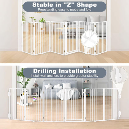 Metal Freestanding Dog Gates with Door for Outdoor Indoor,80'' Extra Wide 32'' Tall Free Standing Dog Gate for Doorways,Large Openings,Deck,Yard,Foldable Safety Pet Fence(Black,4 Panels)