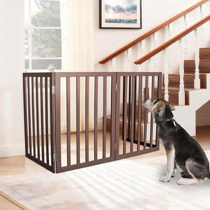 ZJSF Freestanding Indoor Dog Gate for House Foldable Wood Brown Puppy Gate for Doorways Pet Gate for Stairs Extra Wide Pet Fence 24" Height 2 Panels