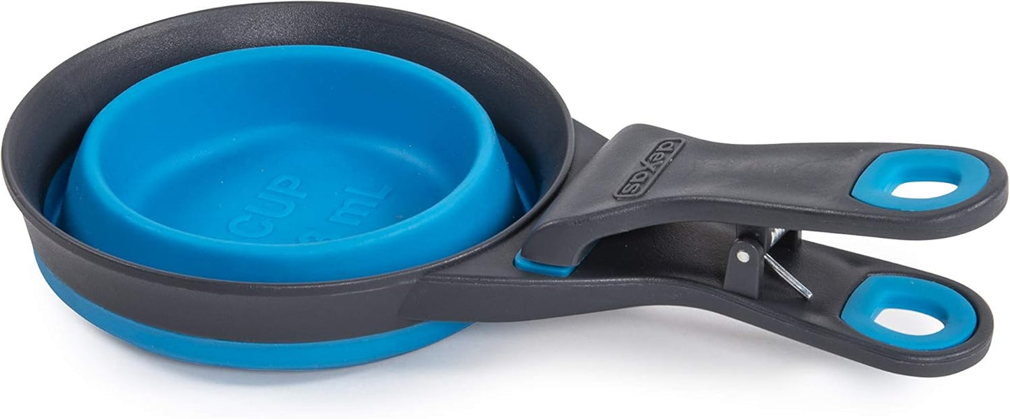 Dexas Pets Collapsible KlipScoop Collapsible Dry Dog Food Scoop and Dog Food Bag Clip, 1 Cup Capacity, Pro Blue