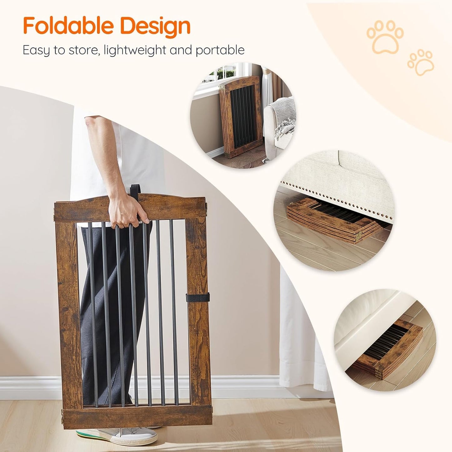 HOOBRO Indoor Dog Gate with Support Feet, Freestanding Pet Gate for Doorway, Stairs, 31.5 Inch 3 Panels, Folding Dog Fence, 360° Hinge for Easy Access, Sturdy Iron Pipe, Rustic Brown BF06PP03