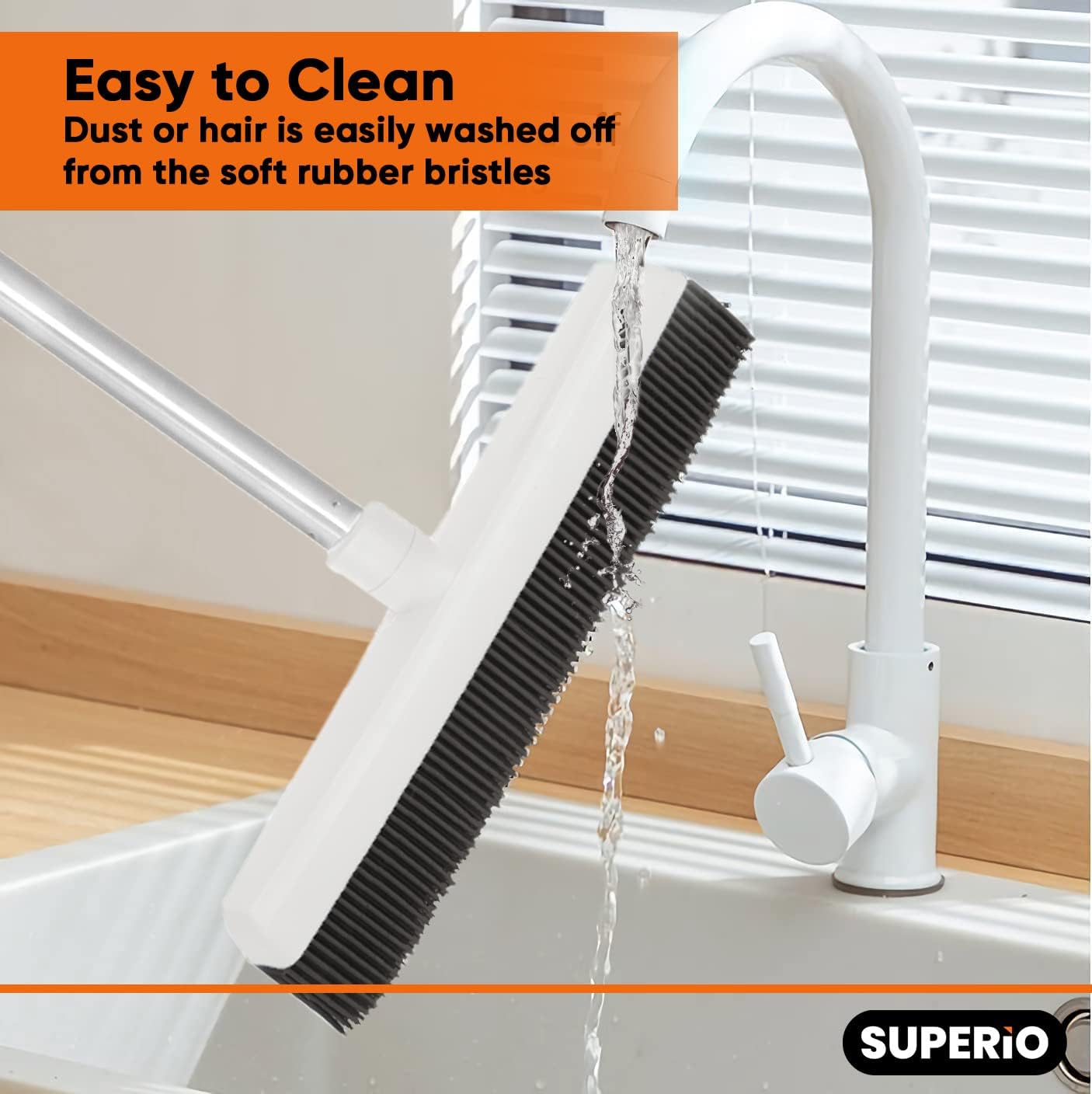 Rubber Bristle Broom for Floors Salon Broom, Rubber Squeegee Broom, Rug Broom, Rubber Rake for Human Hair, Pet Hair, Fur, Lint, Liquid, with 3-Part Handle, Grey