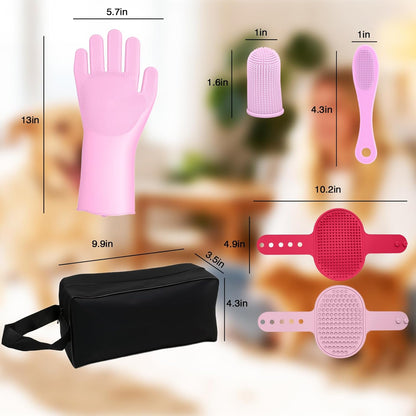 7PCS Dog Washing Gloves | Dog Bath Brush | Storage Bag | Dog Finger Toothbrush for Short & Long Haired Dogs & Cats | Efficient Deshedding Bathing & Massaging, Suitable for Pets (Sage Green)