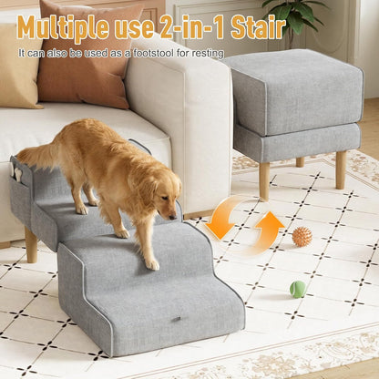 PakaLife Foldable 2-in-1 Dog Ramp Ottoman, Solid Wood Dog Steps for Bed & Couch, Washable Cover, 135lb Capacity, for Small, Senior Dogs & Old Cats to Get on Bed