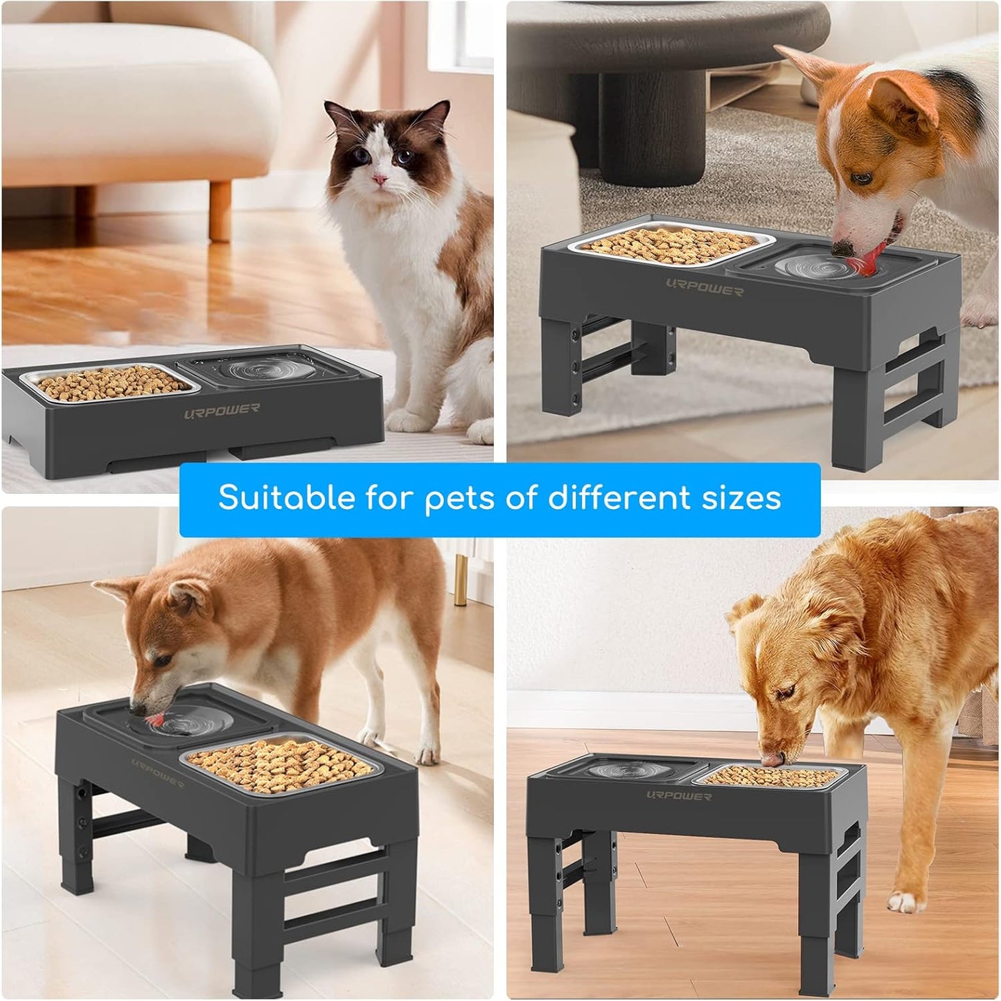 URPOWER 2-in-1 Elevated Slow Feeder Dog Bowls with No-Spill Water Bowl, 4 Height-Adjustable Raised Dog Bowls, Non-Slip Food and Water Bowls with Stand for Small, Medium, Large Dogs, Cats and Pets
