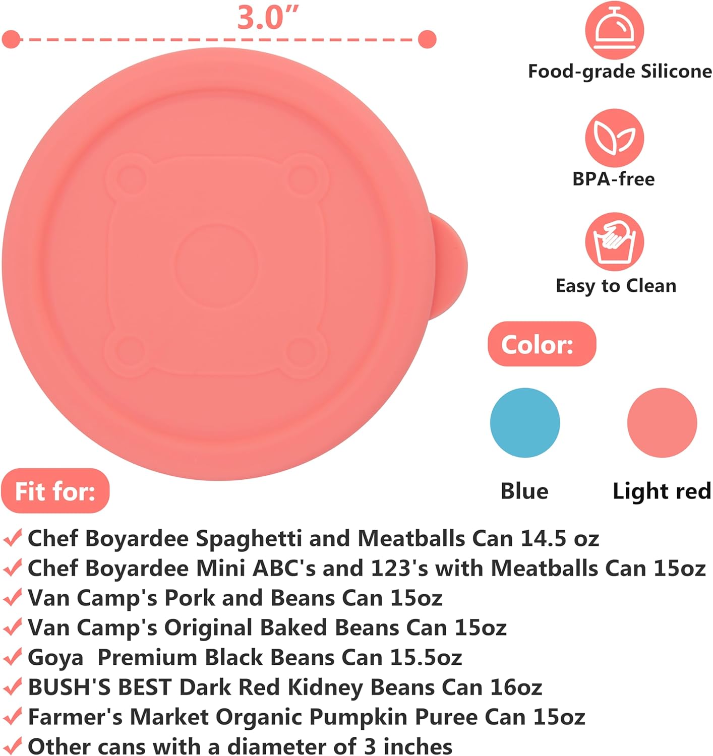 2PCs 3.0-inch Silicone Can Lids for Chef Boyardee | Van Camp's | Goya | Bush's Best | Farmer's Market Can, Can Cover for Canned Goods, Soup Can Cap, Fit Most Standard Size, Dishwasher Safe (Lids ONLY)