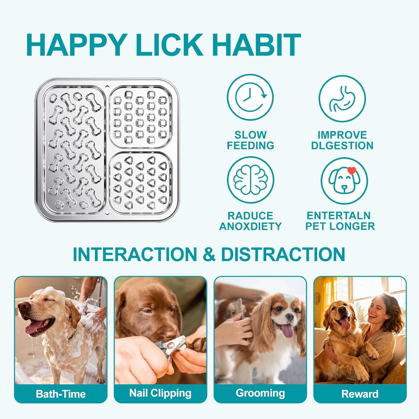 Stainless Steel Lick Mat for Dogs & Cats, Dog Lick Mat with Suction Cups & Crate Mount, Chew-Proof Slow Feeder with 3 Textured Zones for Calm Feeding & Anxiety Relief [1Pack]