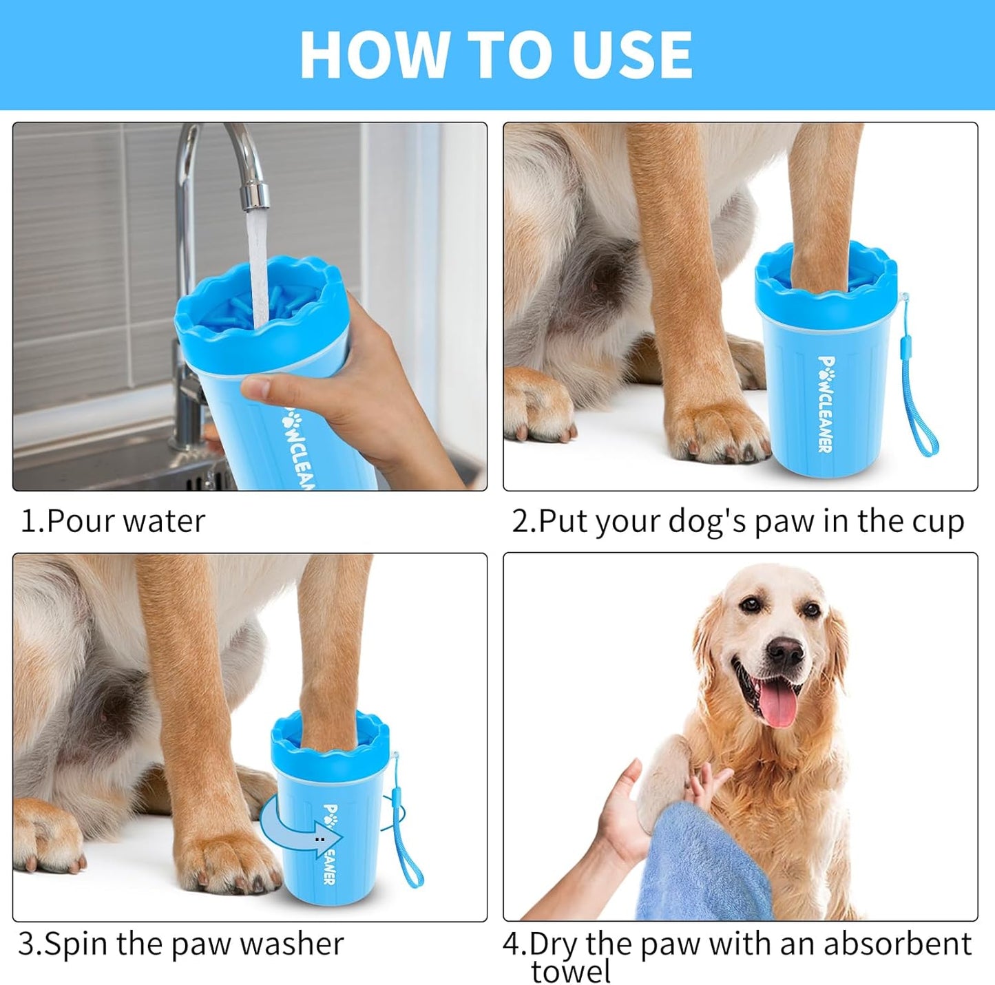 Professional 7 in 1 Dog Paw Cleaner for Dogs & Cats - Includes 1 Portable Paw Washer, 1 Bath Brush, 2 Dog Toothbrushes and 3 Absorbent Towels Note: Fits Paws up to 2 Inches Wide (Small, Blue)