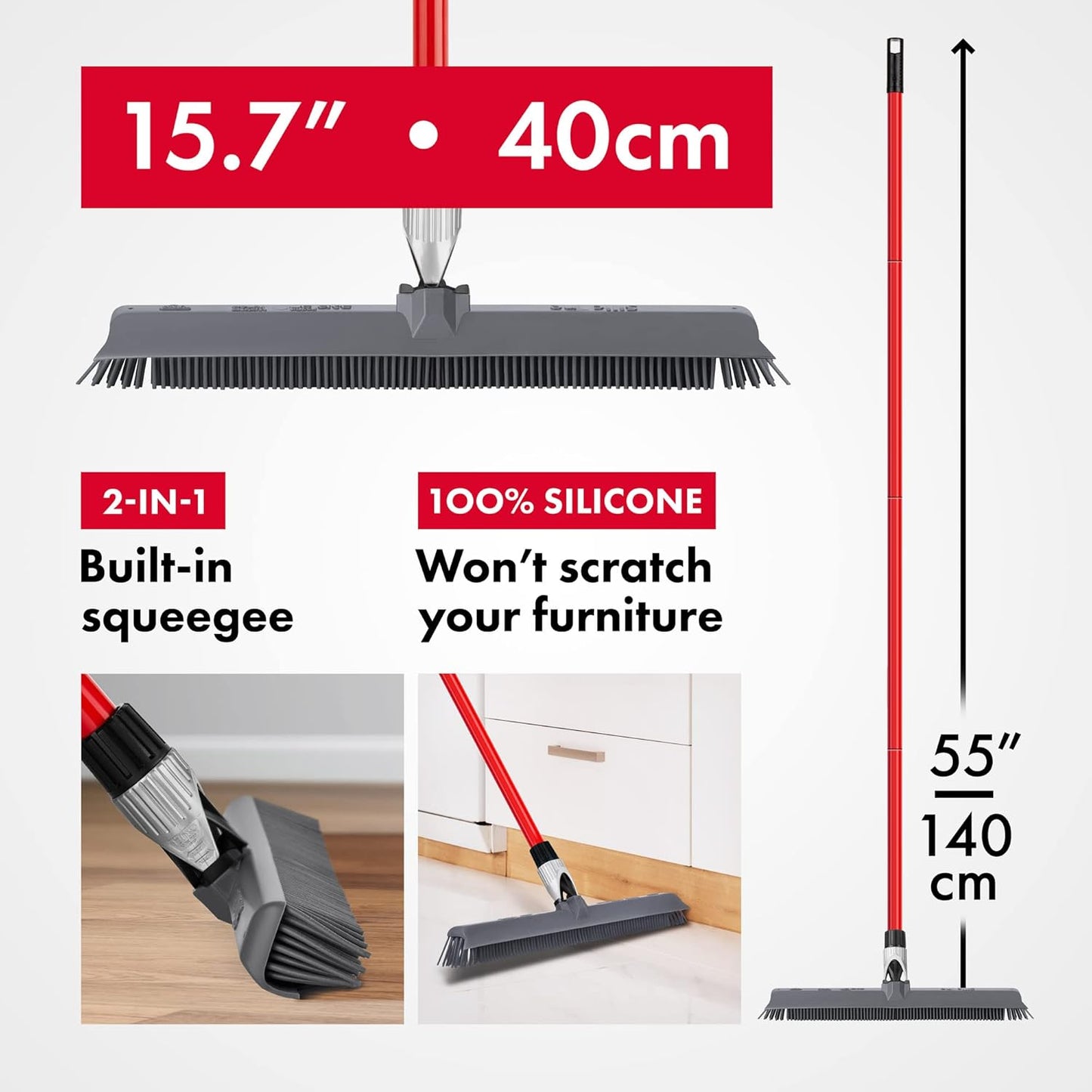 2-in-1 Silicone Rubber Broom Carpet Rake and Squeegee - Swivel Pet Hair Removal Broom - 4 Piece Handle - Slanted Side Bristles for Corners - Multipurpose Rubber Broom for Carpet, Hardwood Floor, Tile