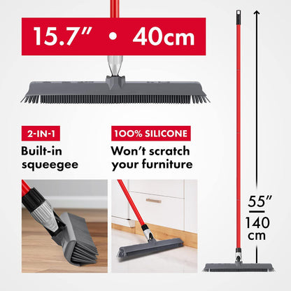 2-in-1 Silicone Rubber Broom Carpet Rake and Squeegee - Swivel Pet Hair Removal Broom - 4 Piece Handle - Slanted Side Bristles for Corners - Multipurpose Rubber Broom for Carpet, Hardwood Floor, Tile