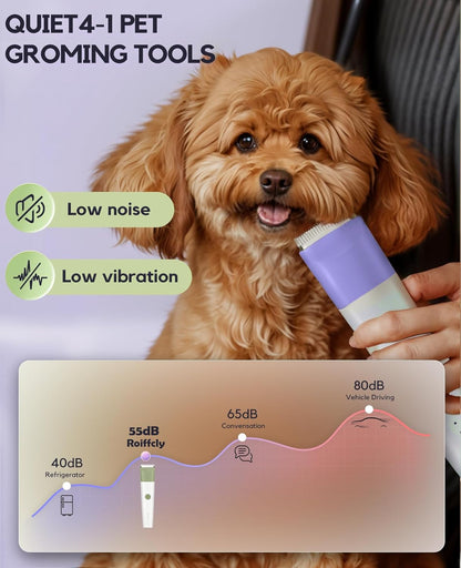 Dog Clippers Grooming Kit, 4 in 1 Quiet Cordless Dog Paw Trimmer & Nail Grinder, Small Cat Clippers Electric Rechargeable Low Noise Pet Shaver for Trimming Hair on Paw Eye Ear Face Rump (Pink)