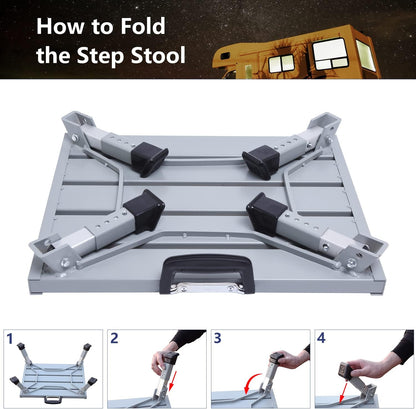 Aluminum RV Steps, 4-Level Adjustable Folding Step Stool with Non-Slip Rubber Feet, Non-Slip Fluorescent Strip Platform Rv Accessories, Supports Up to 1000 lbs - Black