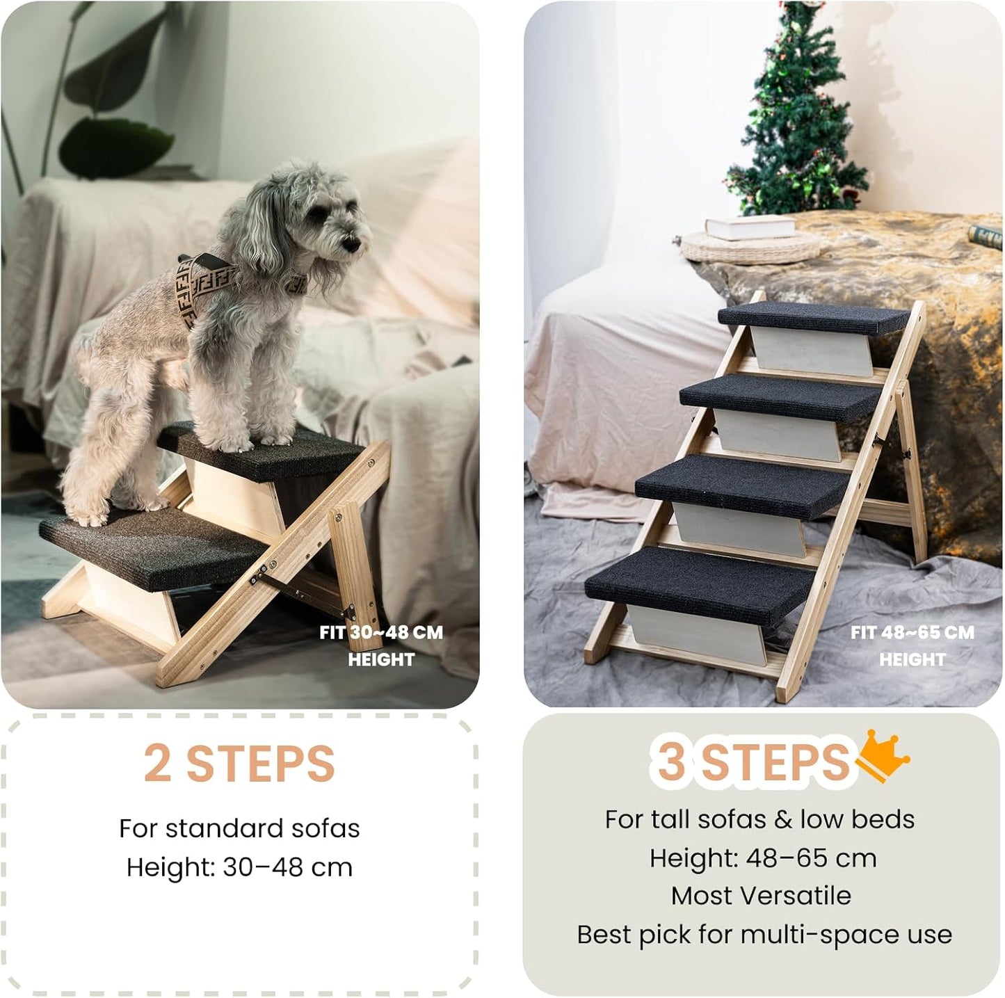 MEWANG Wood Pet Stairs & Ramp for Small/Medium Dogs and Cats, Aging Pets – 2-in-1 Foldable, Portable, Non-Slip Pet Ladder for Tall Beds, Couches,Cars–Holds Up to 220 lbs (17.3" L x 17.2" W x 13.0" H)