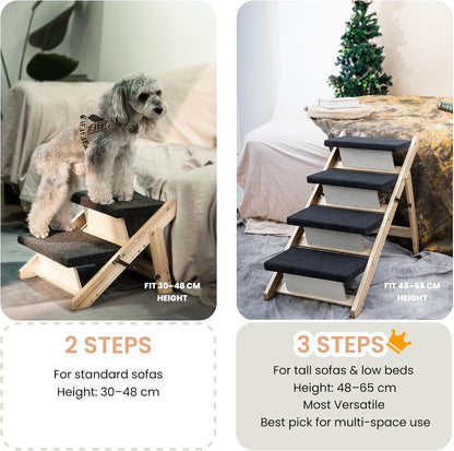MEWANG Wood Pet Stairs & Ramp for Small/Medium Dogs and Cats, Aging Pets – 2-in-1 Foldable, Portable, Non-Slip Pet Ladder for Tall Beds, Couches,Cars–Holds Up to 220 lbs (17.3" L x 17.2" W x 13.0" H)