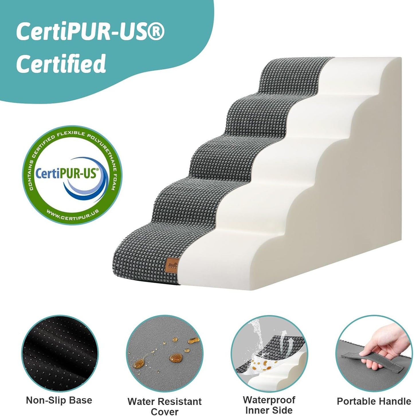 COZY KISS Extra Wide Dog Stairs with Tunnel, Foam Detachable Large Dog Step for Small Pet, Puppy or Cats, Medium Pet Ramp for High Bed, Couch, Sofa or Car, 19.7x33x22.4 inch, 5 Step, Beige