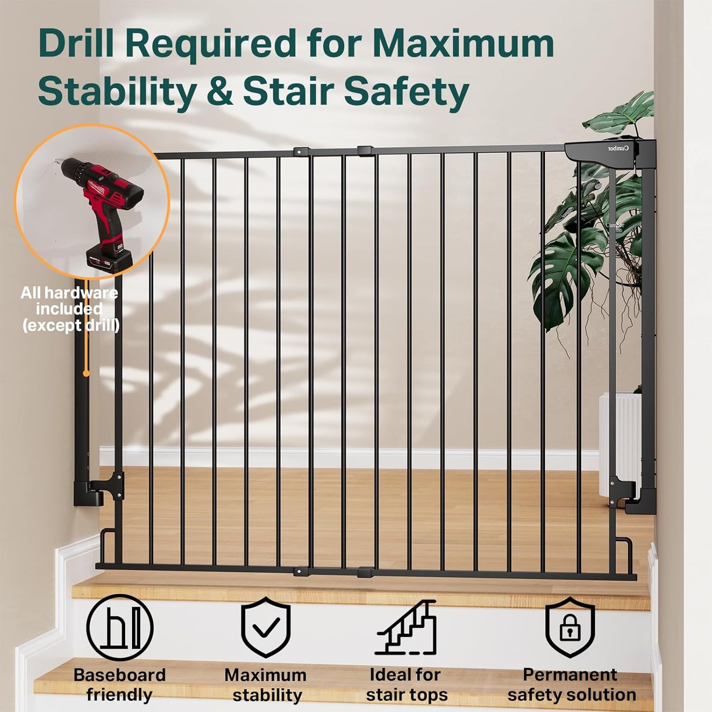 Cumbor 29.2–43" Baby Gate for Stairs, Hardware Mounted (Drill Required), Expandable No Bottom Bar Dog Gate, Auto Close Extra Wide Walk Thru, Pet & Toddler Proof Gate, Top & Bottom of Stairways(Black)