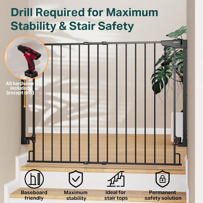 Cumbor 29.2–43" Baby Gate for Stairs, Hardware Mounted (Drill Required), Expandable No Bottom Bar Dog Gate, Auto Close Extra Wide Walk Thru, Pet & Toddler Proof Gate, Top & Bottom of Stairways(Black)