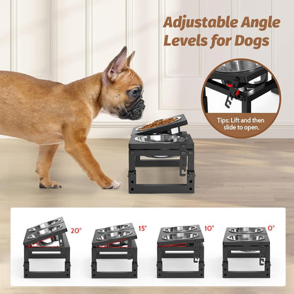 Dog Bowls Elevated, 4 Height (9.6" to15) & Angle (0-20°) Adjustable Raised Dog Bowl Stand, Elevated Dogs Bowl for Medium to Large Sized, Bamboo Feeding Station with 2X 10cups Stainless Steel Dishes