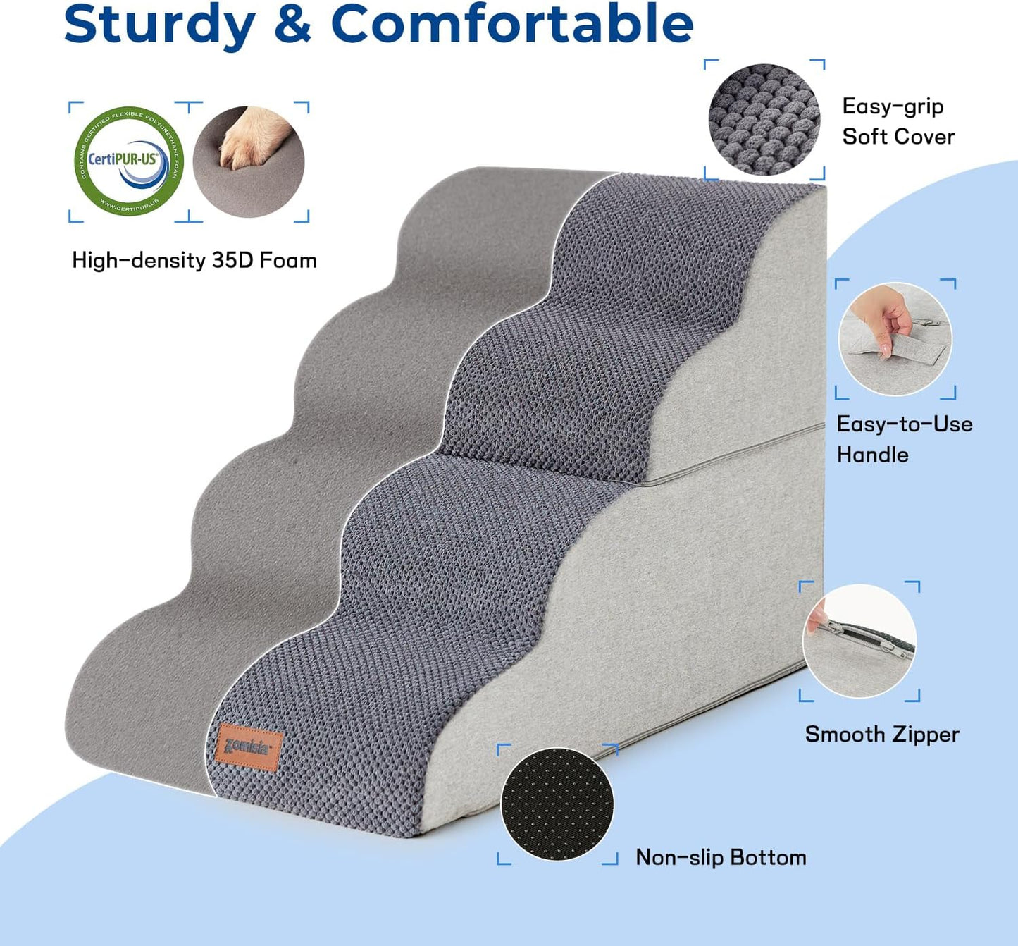 ZOMISIA Dog Stairs Ramp for High Beds Up to 25" - 5 Step Pet Stairs for Small to Large Dogs, 35D Foam Dog Steps for Couch with Non-Slip Bottom Grey