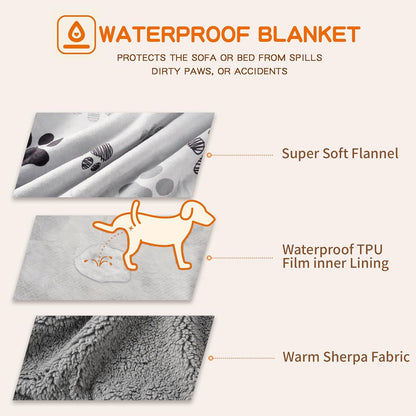 Waterproof Dog Blankets Pet Blanket 50"x60", Soft Fluffy Sofa Car Bed Protector, Reversible Sherpa Fleece Dog Blanket for Large Dogs (Dark Grey-Paws)