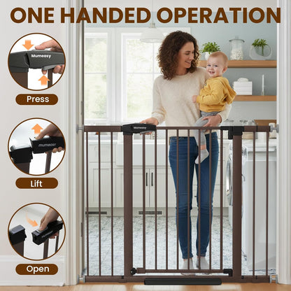 Mumeasy 29.7-46" Baby Gate for Stairs, Pressure Mounted Dog Gate for Doorways, Auto Close Walk Through Pet Gate Indoor, Extra Wide Metal Child Safety Gate, Mom's Choice Awards Winner, Black