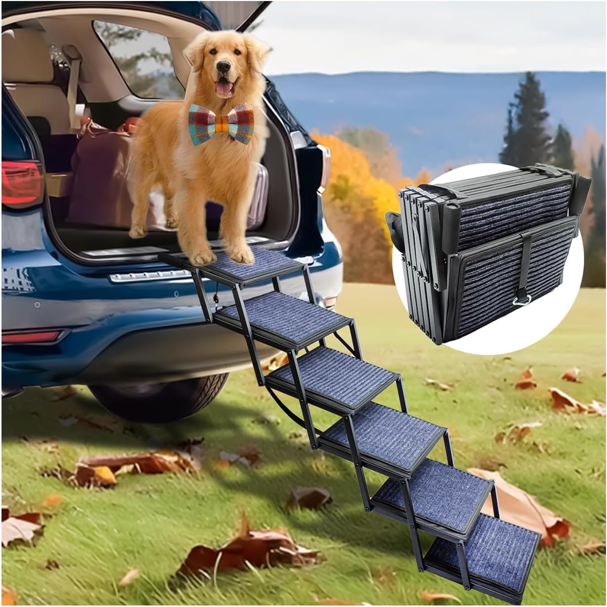 Dog Ramp for Car Truck and SUV Dog Stairs for Large Dogs Folding Pet Stairs with Non-Slip Rug Surface Supports Up to 250 lbs (5 Steps)