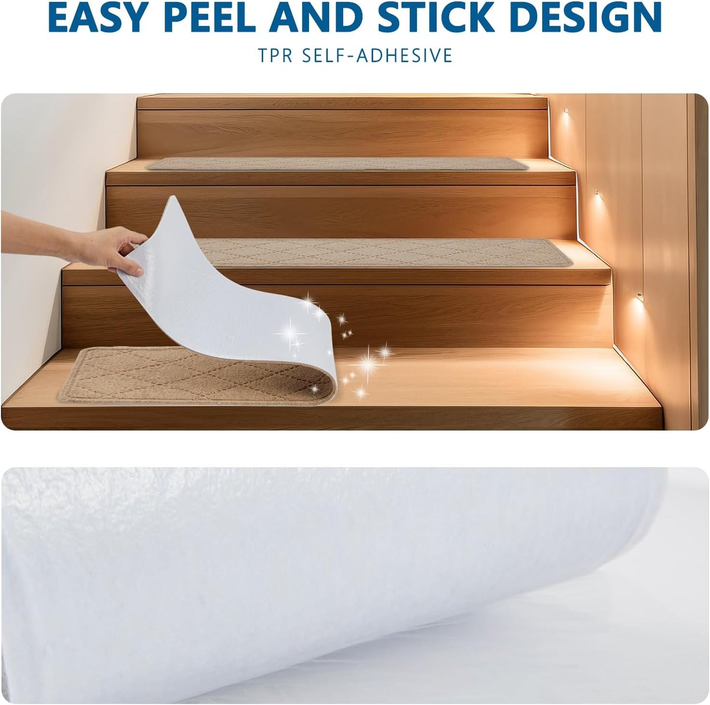Stair Treads for Wooden Steps Indoor, 15 Pack 8" X 30" Non Slip Carpet Stair Treads with Reusable Adhesive for Kids Elders and Dogs, Surface Polyester TPR Backing Stair Rugs, Beige