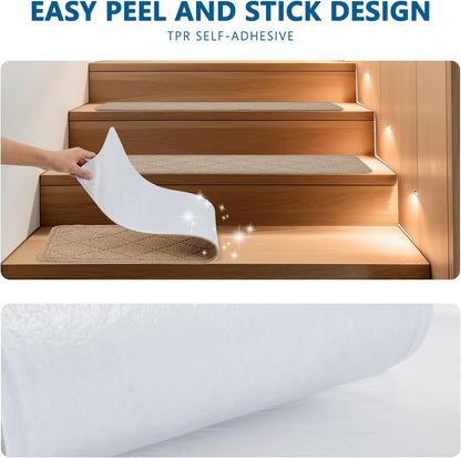 Stair Treads for Wooden Steps Indoor, 15 Pack 8" X 30" Non Slip Carpet Stair Treads with Reusable Adhesive for Kids Elders and Dogs, Surface Polyester TPR Backing Stair Rugs, Beige