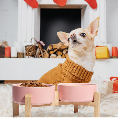 Elevated Ceramic Dog Bowl Set - Raised Dog Bowls with Non-Slip Bamboo Stand - Dog Food and Water Bowl Set - Double Dog Feeding Bowls - Suitable for Small and Medium Dogs - 28.74 OZ - 3.6 CUPS - 850 ML