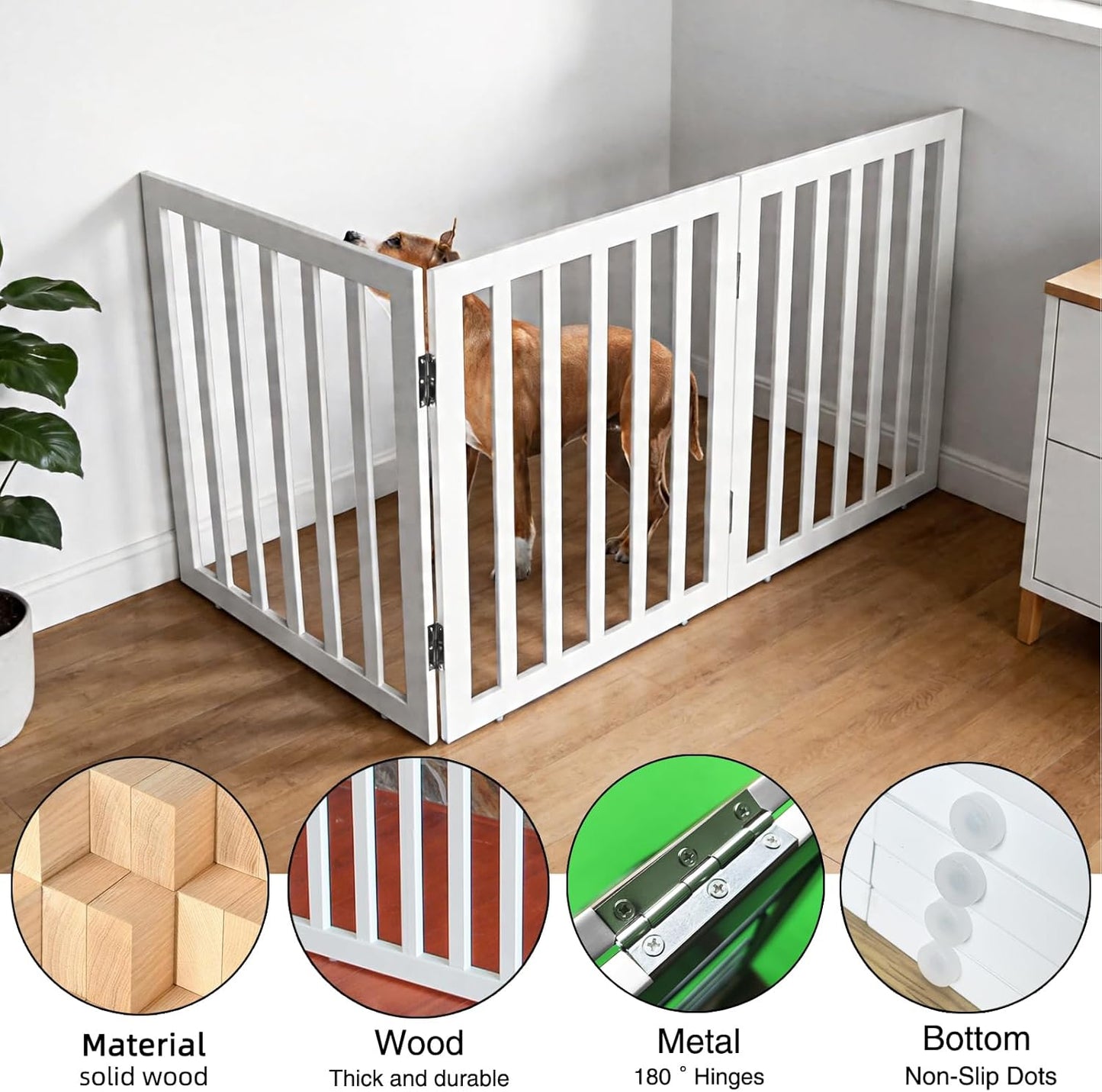 Dog Gate Indoor, Freestanding Dog Fence for The House, Doorways, Hallways,or Stairs,Pet Gate Foldable Wooden,Expandable 24" Height 3 Panels,White