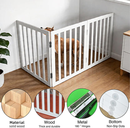 Dog Gate Indoor, Freestanding Dog Fence for The House, Doorways, Hallways,or Stairs,Pet Gate Foldable Wooden,Expandable 24" Height 3 Panels,White