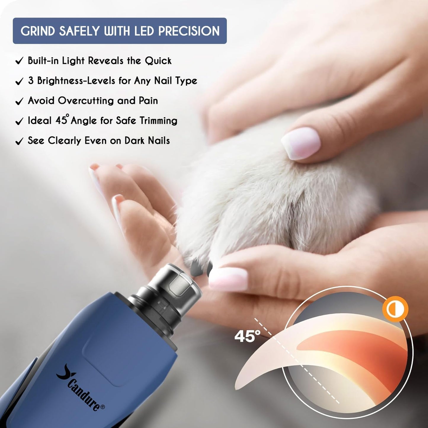 Candure Dog Nail Grinder Upto 6-Speed Dog Nail Trimmer for Large, Medium, Small Dogs, Cats & Pets Low Noise Rechargeable Dog Claw Grinder with 360° LED Lights & Includes Extra Grinder Head (Dark Blue)