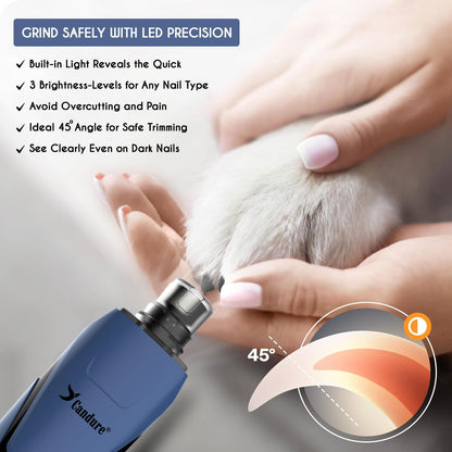 Candure Dog Nail Grinder Upto 6-Speed Dog Nail Trimmer for Large, Medium, Small Dogs, Cats & Pets Low Noise Rechargeable Dog Claw Grinder with 360° LED Lights & Includes Extra Grinder Head (Dark Blue)